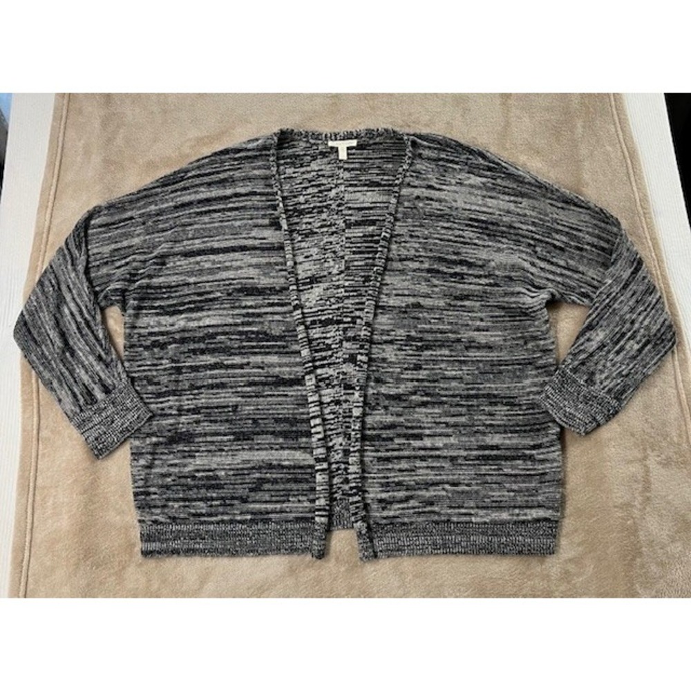 EILEEN FISHER Cardigan M Women Organic Linen open‎ heathered Black/White EUC